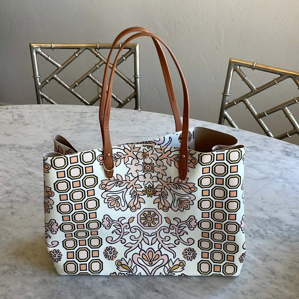 Tory Burch White, Tan & Yellow Printed Tote